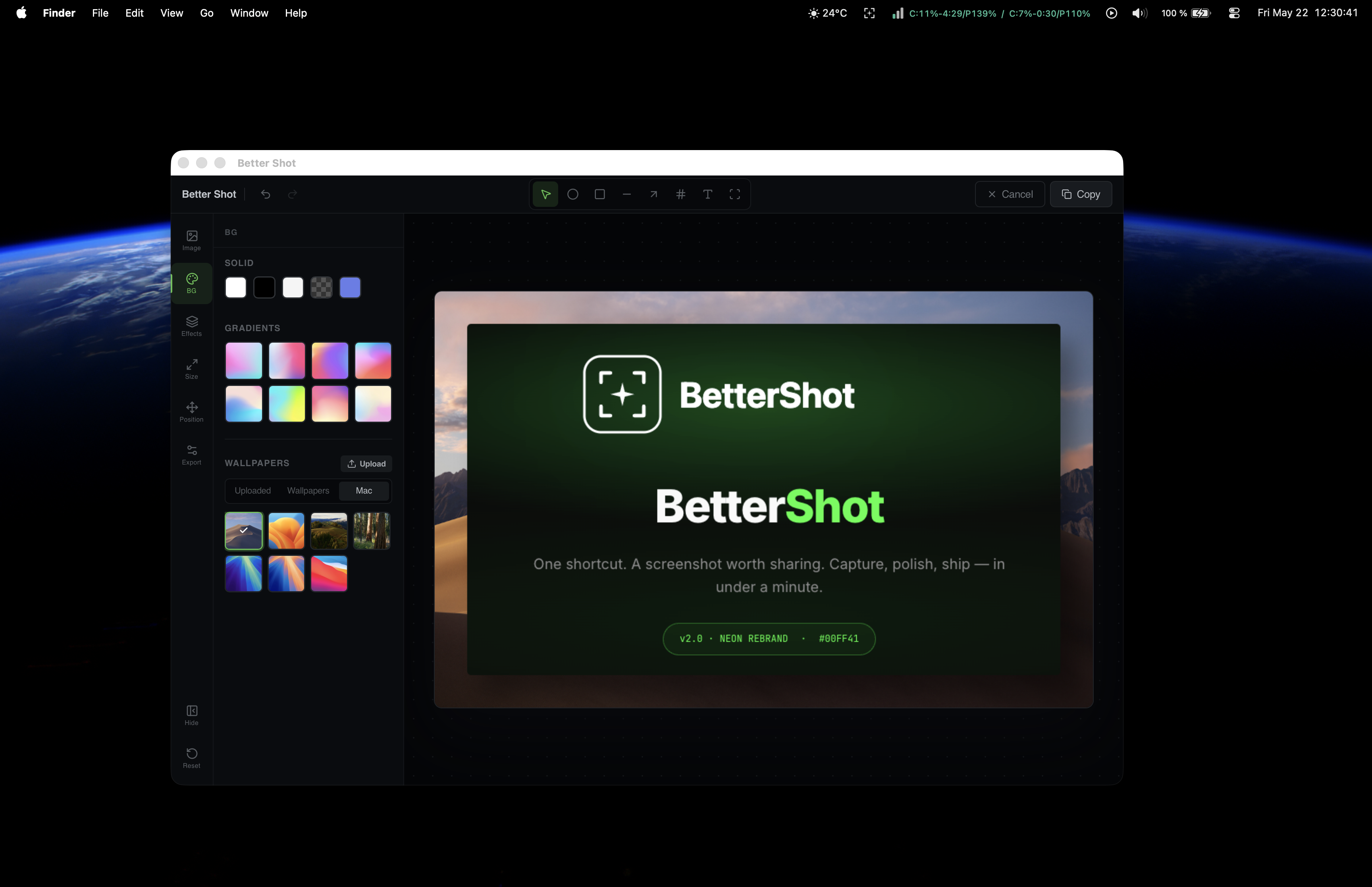 BetterShot editor on macOS — neon-green theme, sidebar with gradient and wallpaper backgrounds, hero image showcasing the new BetterShot logo