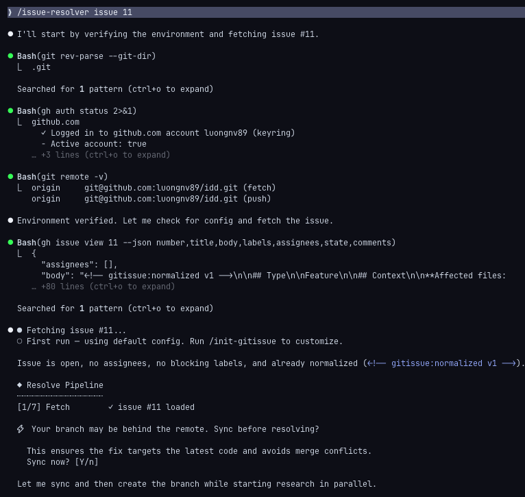 issue-resolver running its 6-step pipeline