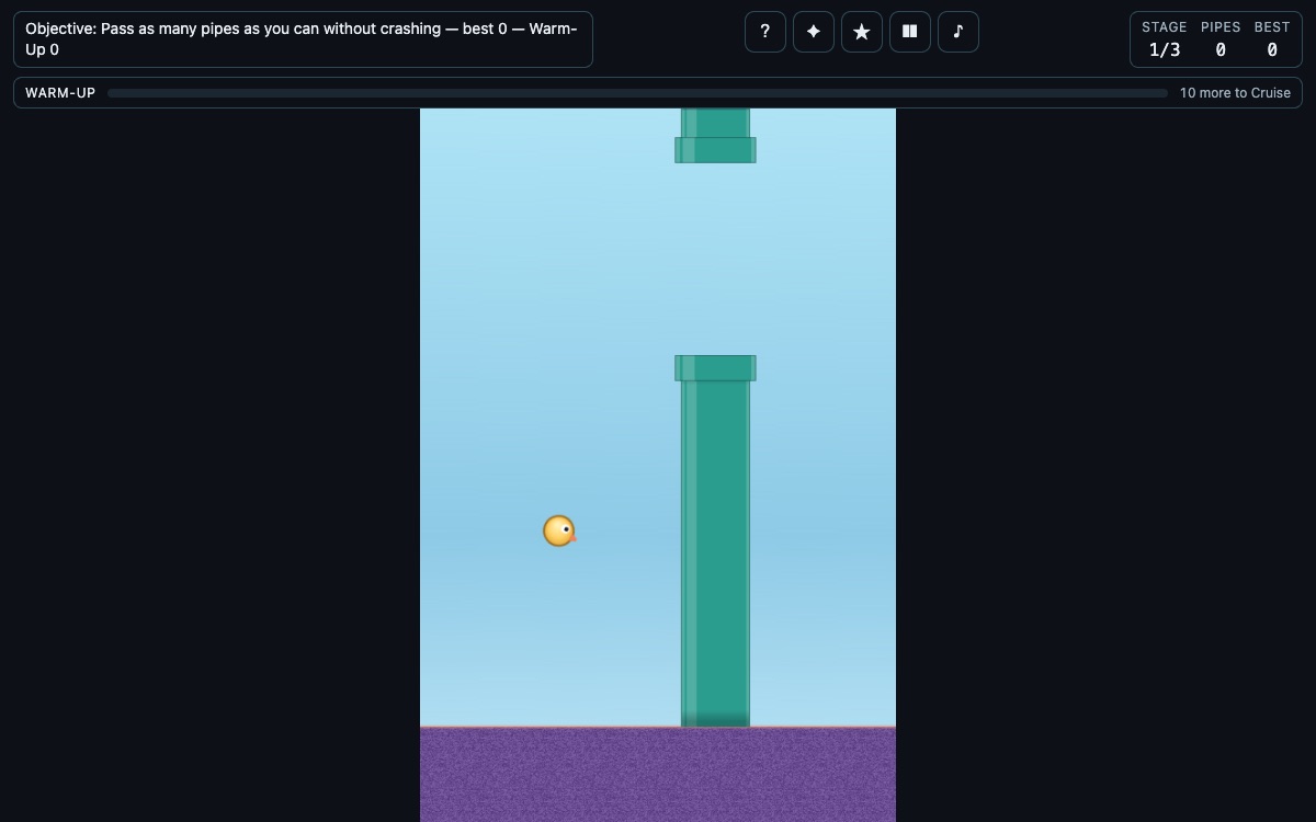Flappy Bird — Dash — browser game by Luong Nguyen, play free at luongnv.com, One-tap flap through scrolling green pipes. Gravity never lets up — thread the g
