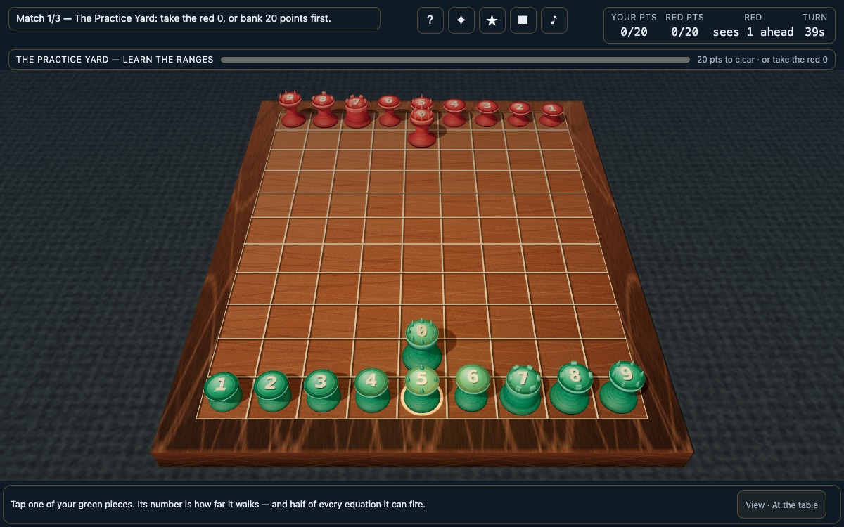 Math Chess 3D — browser game by Luong Nguyen, play free at luongnv.com, Vietnamese math chess on a real 3D teak table with a medieval lathe-turned set. 