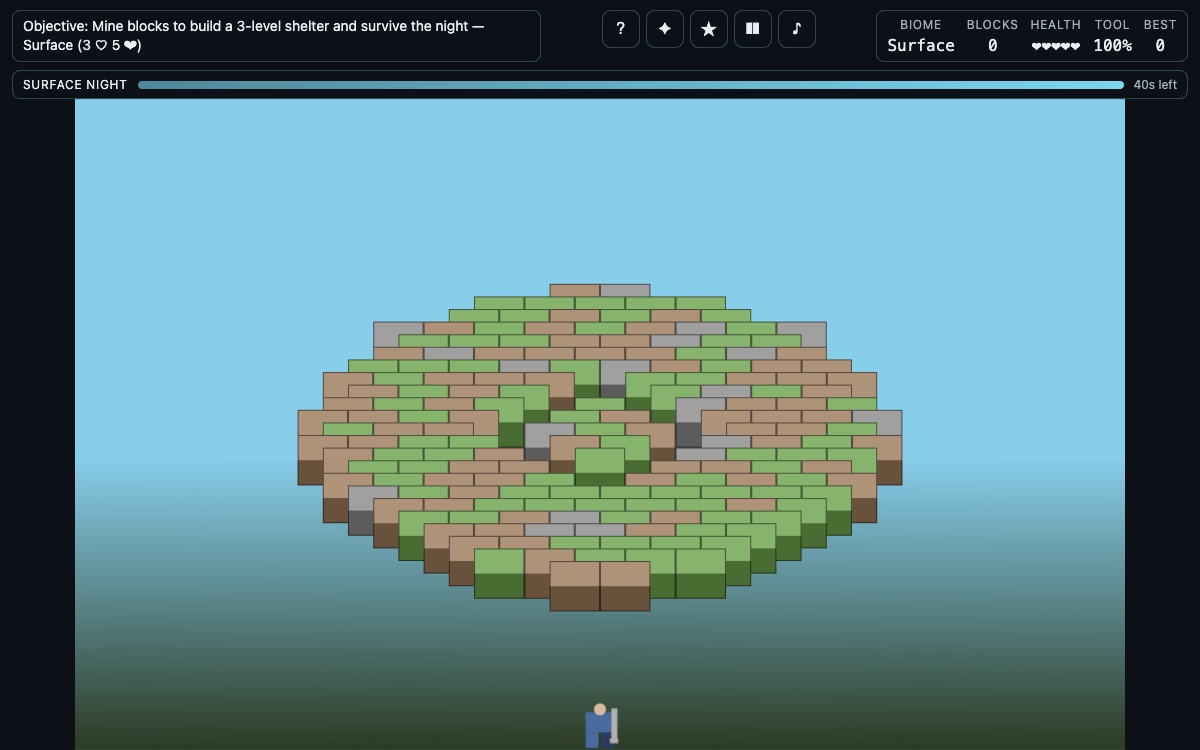 Minecraft Style — browser game by Luong Nguyen, play free at luongnv.com, Voxel mining survival across Surface, Underground and Nether-border biomes — min