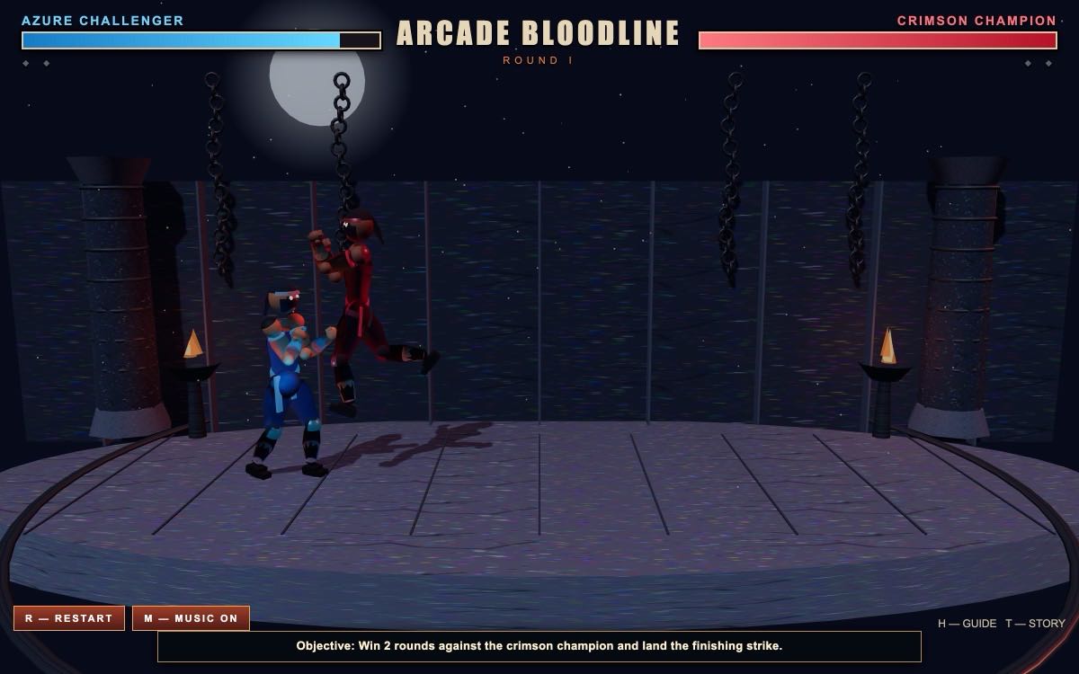 Arcade Bloodline — browser game by Luong Nguyen, play free at luongnv.com, A 3D side-on arcade fighter where precise spacing, blocks, special moves, and a 