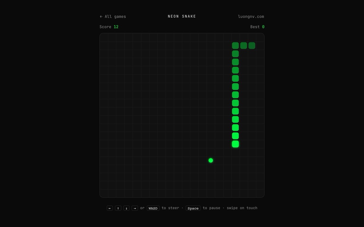 Neon Snake — Maze Runner — browser game by Luong Nguyen, play free at luongnv.com, Clear 8 neon mazes before three lives run out — cores, Hunters, power-ups, and a
