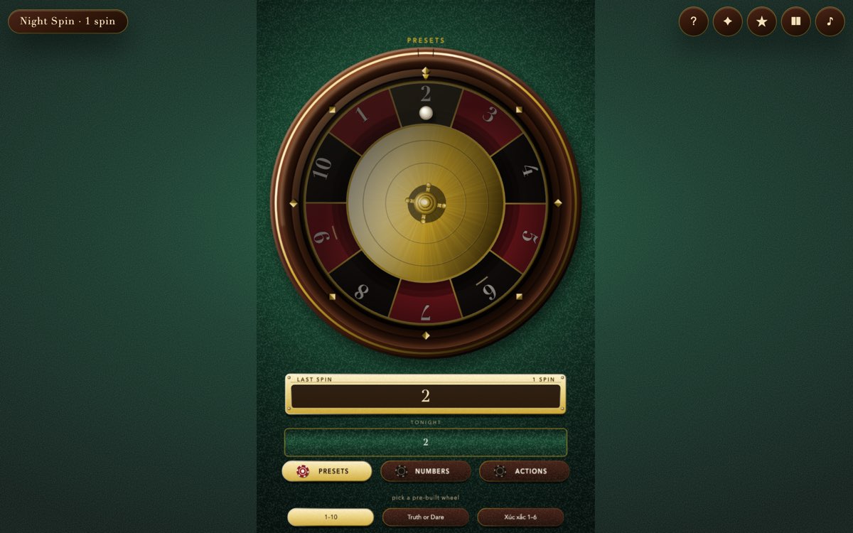 Night Spin — browser game by Luong Nguyen, play free at luongnv.com, Party roulette for social nights — numbers, Truth or Dare, xúc xắc, or your own 