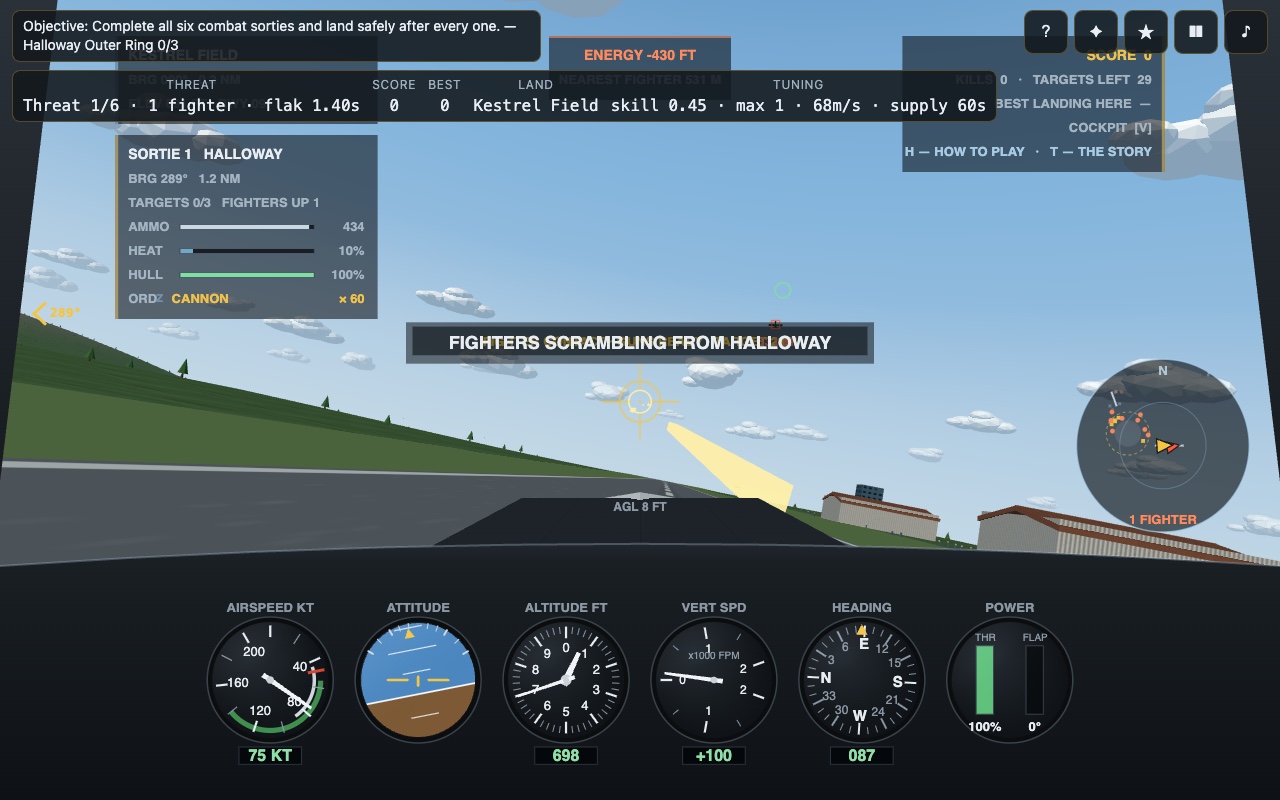 Open Skies — browser game by Luong Nguyen, play free at luongnv.com, Cockpit combat flight sim over a living island — atmospheric sky, Fresnel ocean,