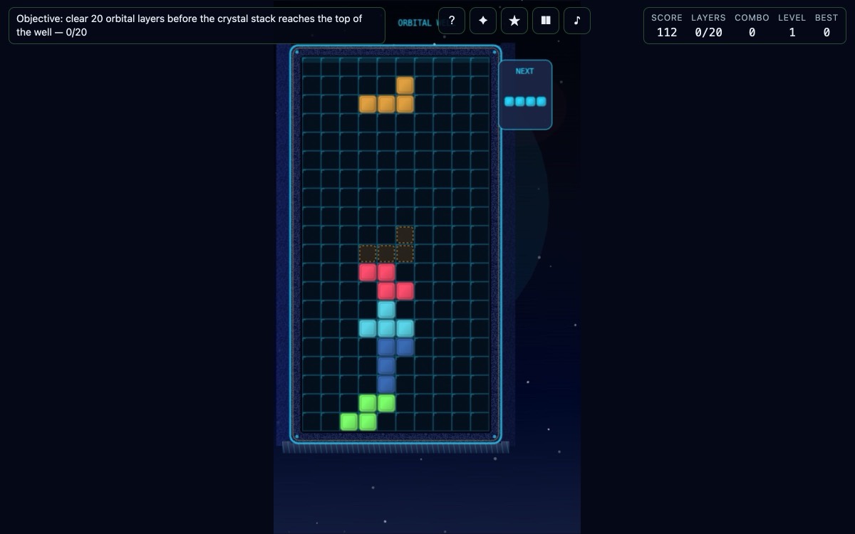 Orbital Linefall: Sector Run — browser game by Luong Nguyen, play free at luongnv.com, Space-themed Tetris with 5 escalating sectors, T-spin mini/full adjudication, gu