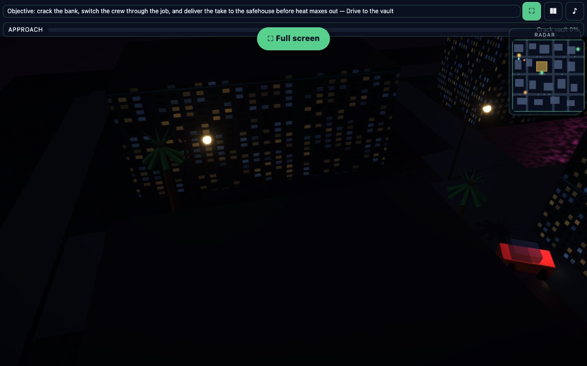Santos Chaos 3D — browser game by Luong Nguyen, play free at luongnv.com, Neon night car heist in Three.js — three crew cars, vault crack, getaway chase a