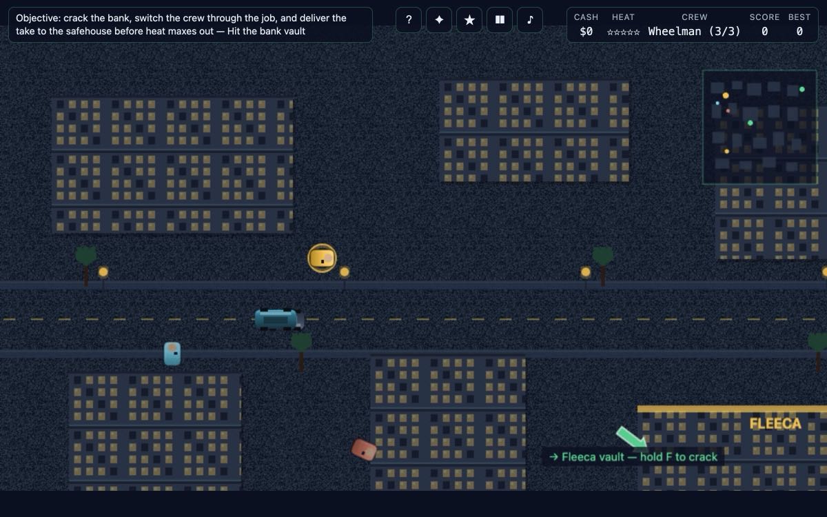 Switch Heist — browser game by Luong Nguyen, play free at luongnv.com, Top-down night-LA bank job with a three-crook crew — switch mid-heist to crack t