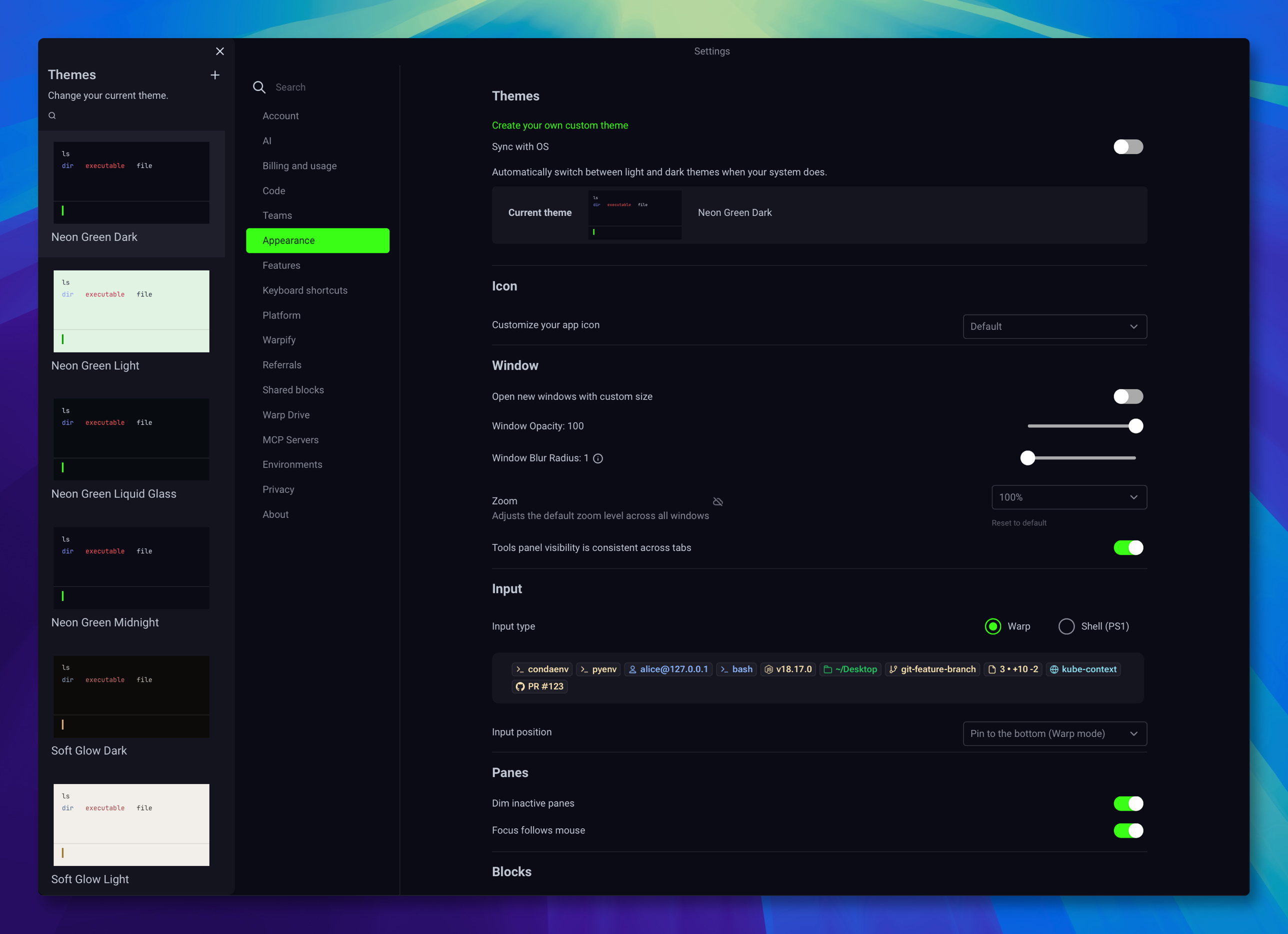 Warp showing all six Neon Green and Soft Glow themes in the Themes picker
